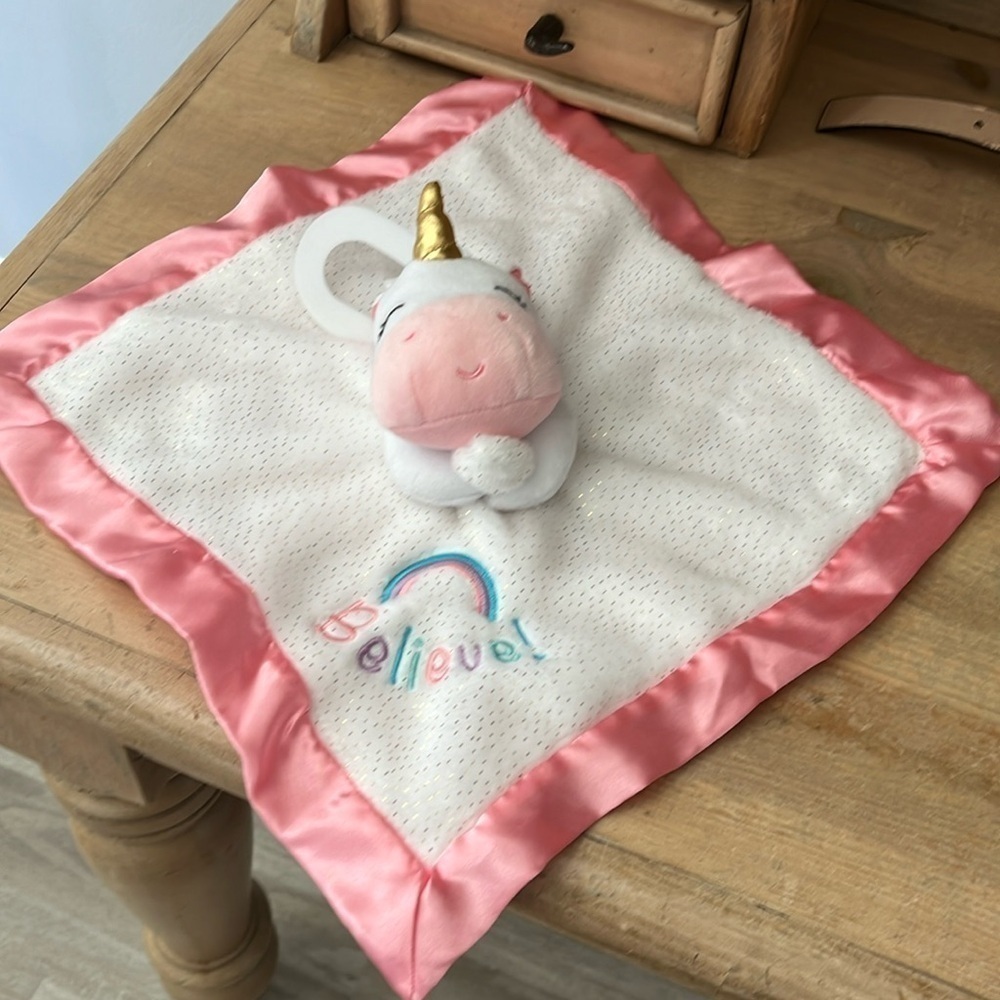 Magic Years Unicorn Lovey Security Blanket NWT Baby Believe Pink Satin Trim